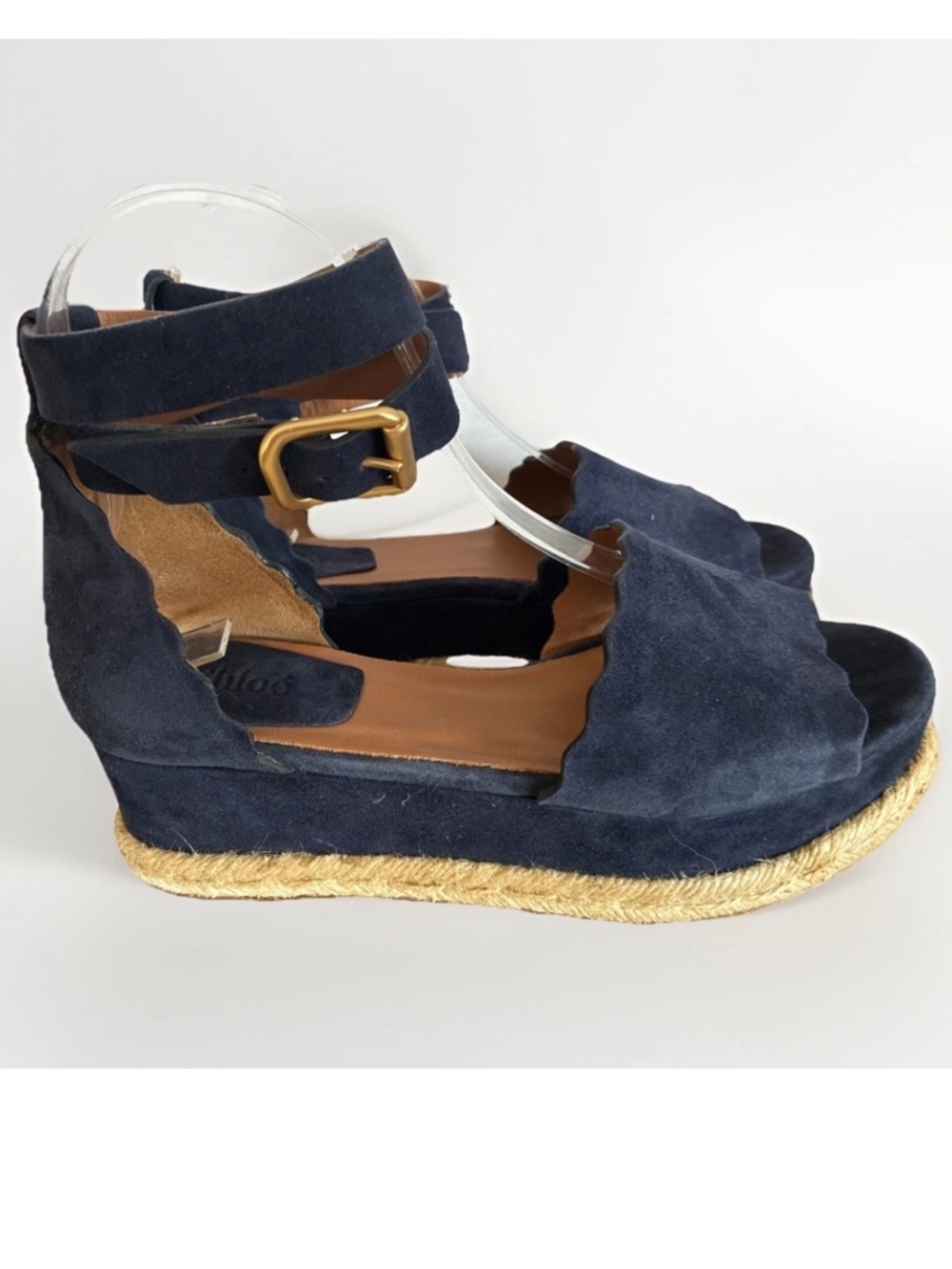 Chloe Navy Suede Scalloped Espadrille Wedges with Jute Sole and Gold Buckle